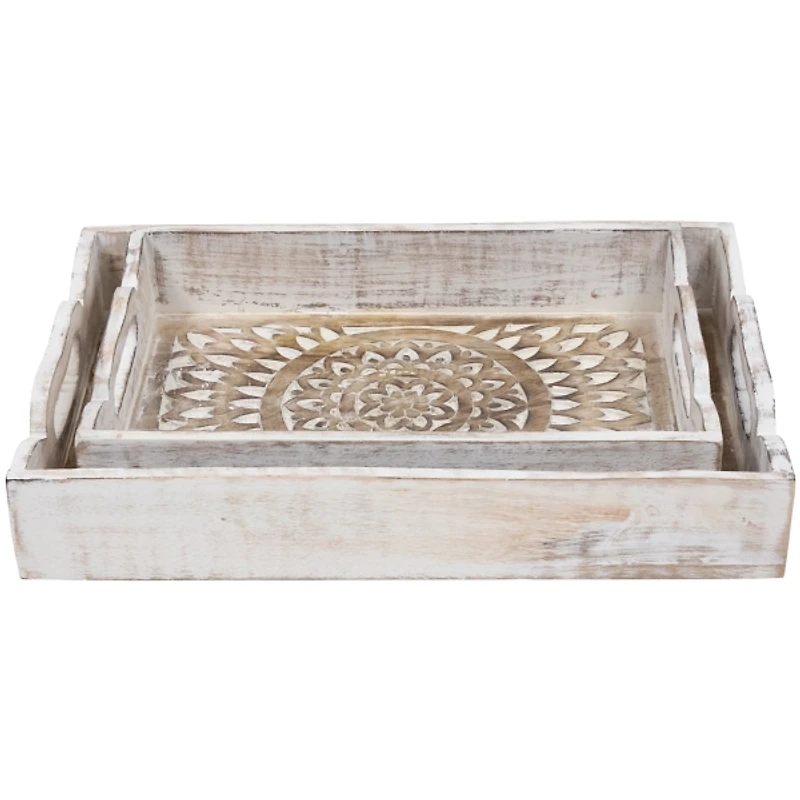 Brushed White Mandala Carved Trays, Set of 2