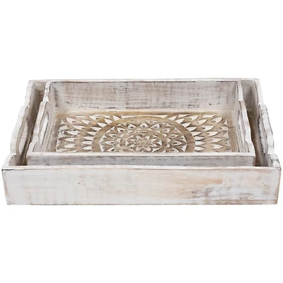 Brushed White Mandala Carved Trays, Set of 2