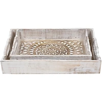 Brushed White Mandala Carved Trays, Set of 2