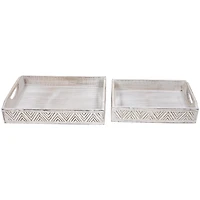 Brushed White Chevron Carved Trays, Set of 2