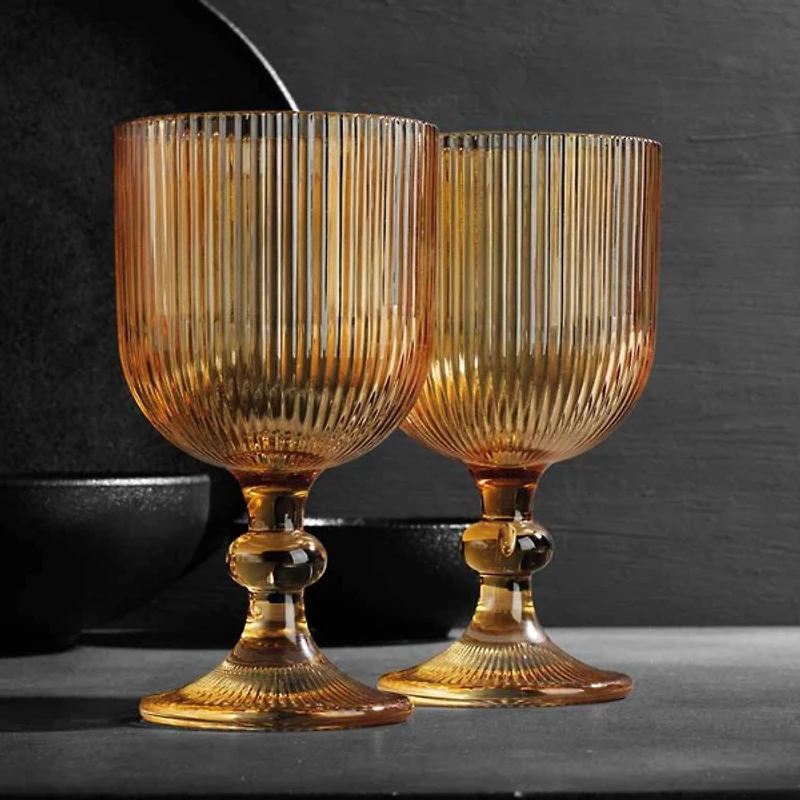 Amber Ribbed Goblet Wine Glasses, Set of 4