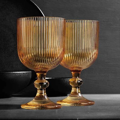 Amber Ribbed Goblet Wine Glasses, Set of 4