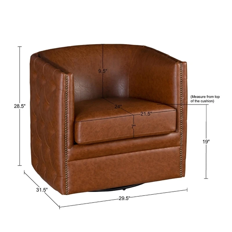 Brown Tufted Faux Leather Barrel Swivel Chair