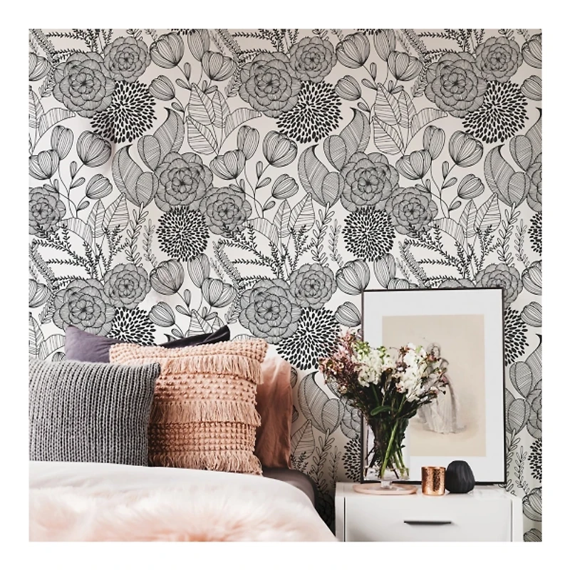 Black & White Floral Garden Peel & Stick Wallpaper