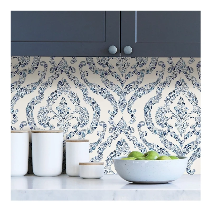 Blue Floral Damask Pattern Peel & Stick Wallpaper