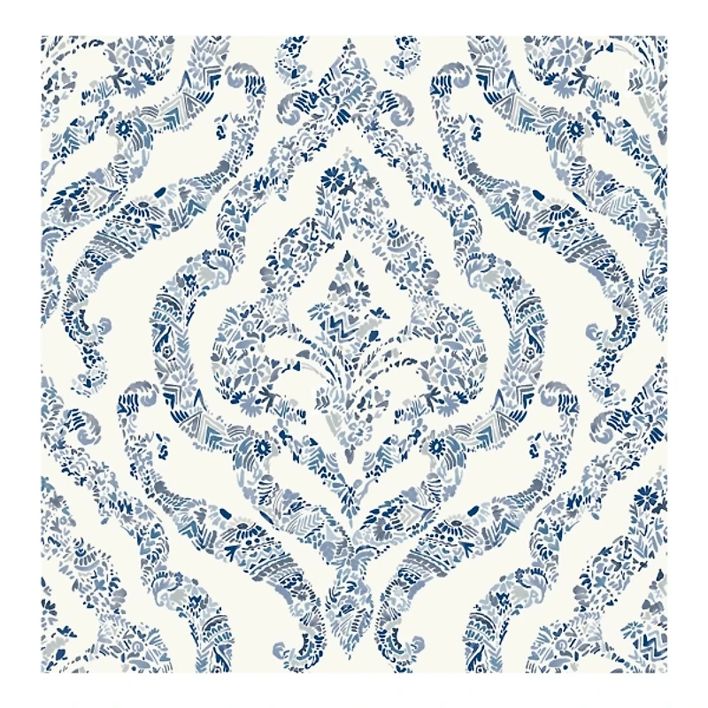 Blue Floral Damask Pattern Peel & Stick Wallpaper