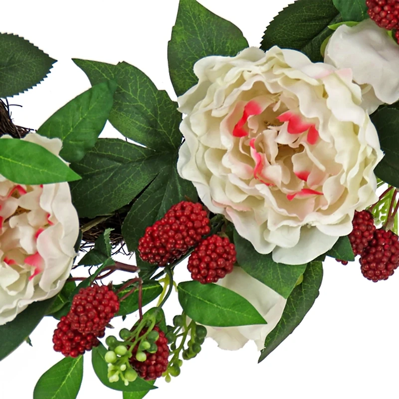 White Peony with Raspberries Wreath