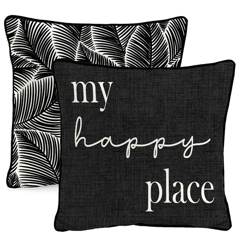 Black & White My Happy Place Outdoor Pillow