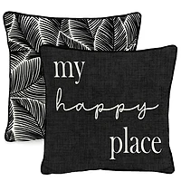 Black & White My Happy Place Outdoor Pillow