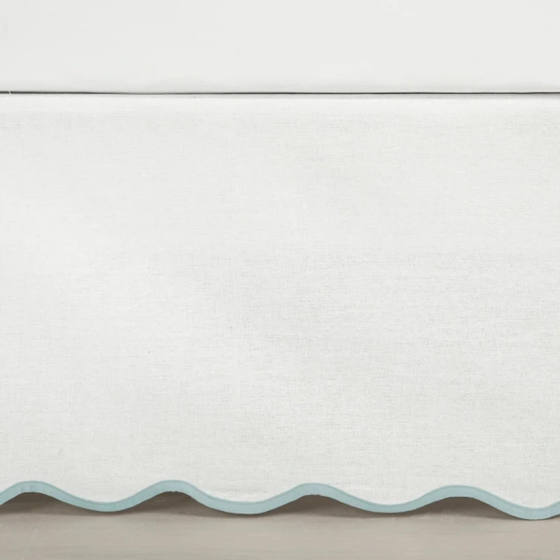 White Blue Scalloped Coastal Queen Bed Skirt