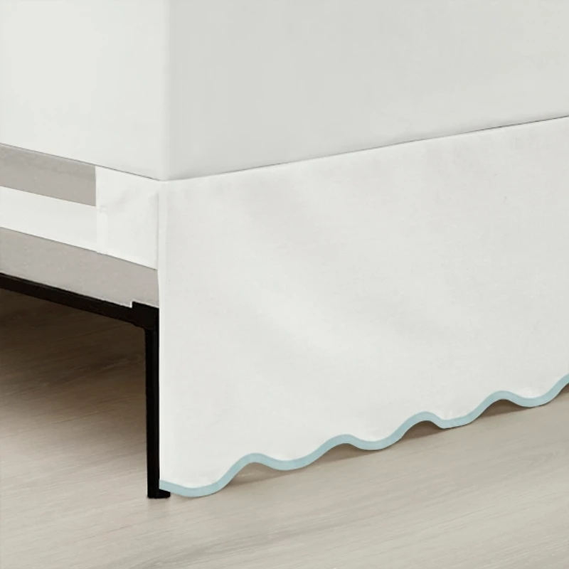 White Blue Scalloped Coastal King Bed Skirt