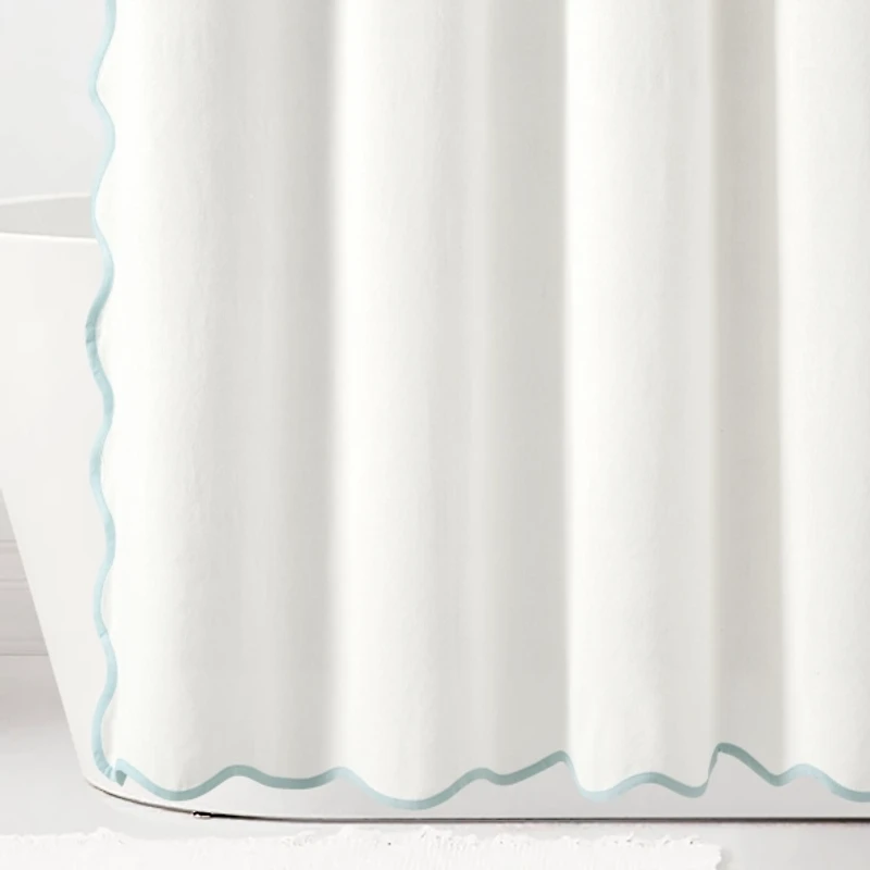 White Blue Scalloped Coastal Shower Curtain