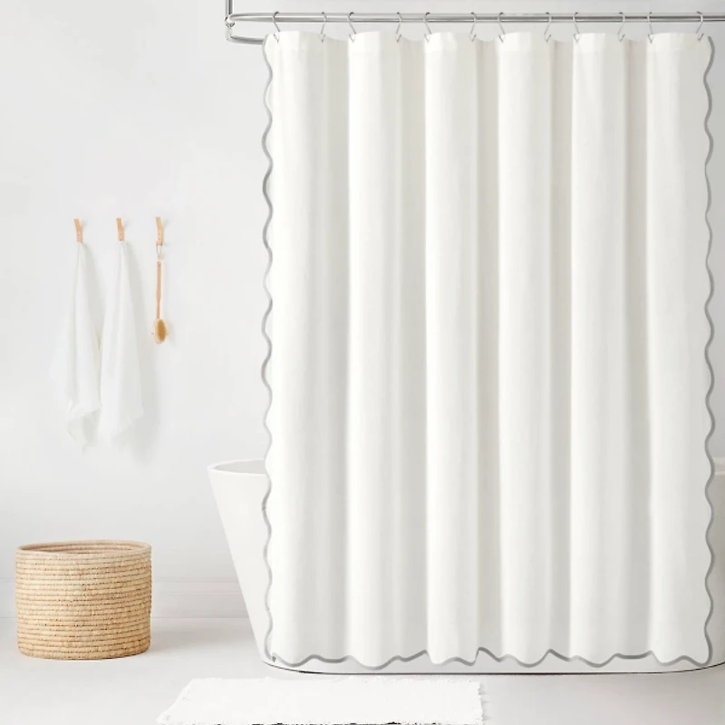 White Gray Scalloped Coastal Shower Curtain