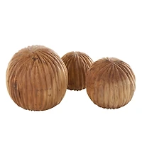 Brown Teak Wood Carved Orbs, Set of 3
