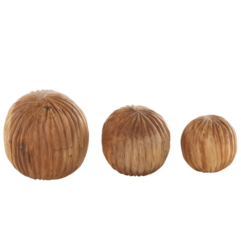 Brown Teak Wood Carved Orbs, Set of 3