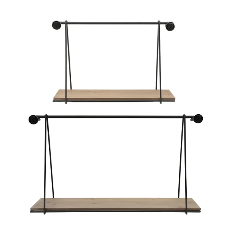 Black Metal Wood Swing Wall Shelves, Set of 2