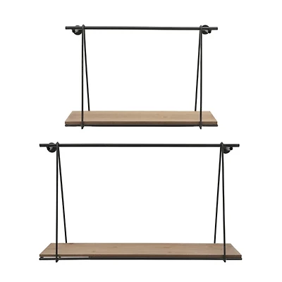 Black Metal Wood Swing Wall Shelves, Set of 2