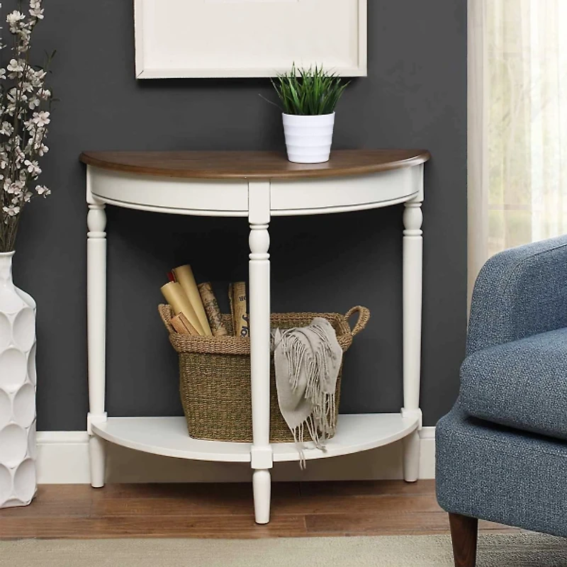 White and Natural Davis Half Round Console Table