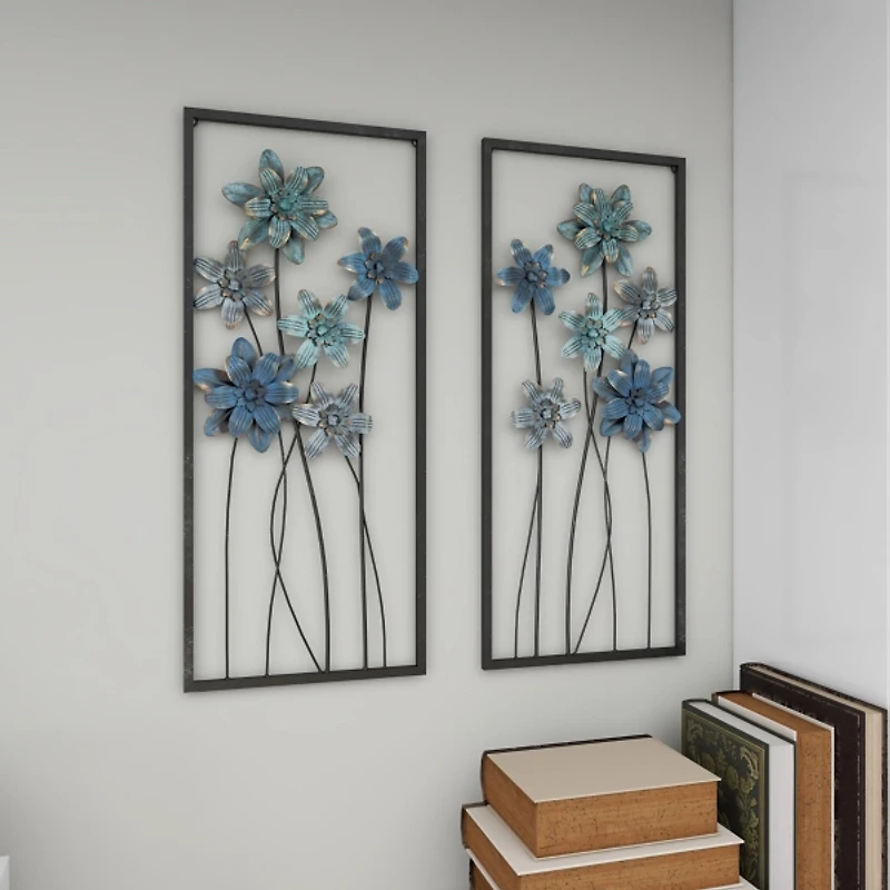 Blue Metal Floral Panel Wall Plaques, Set of 2