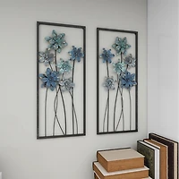 Blue Metal Floral Panel Wall Plaques, Set of 2
