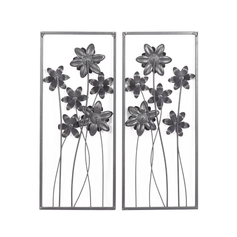 Blue Metal Floral Panel Wall Plaques, Set of 2