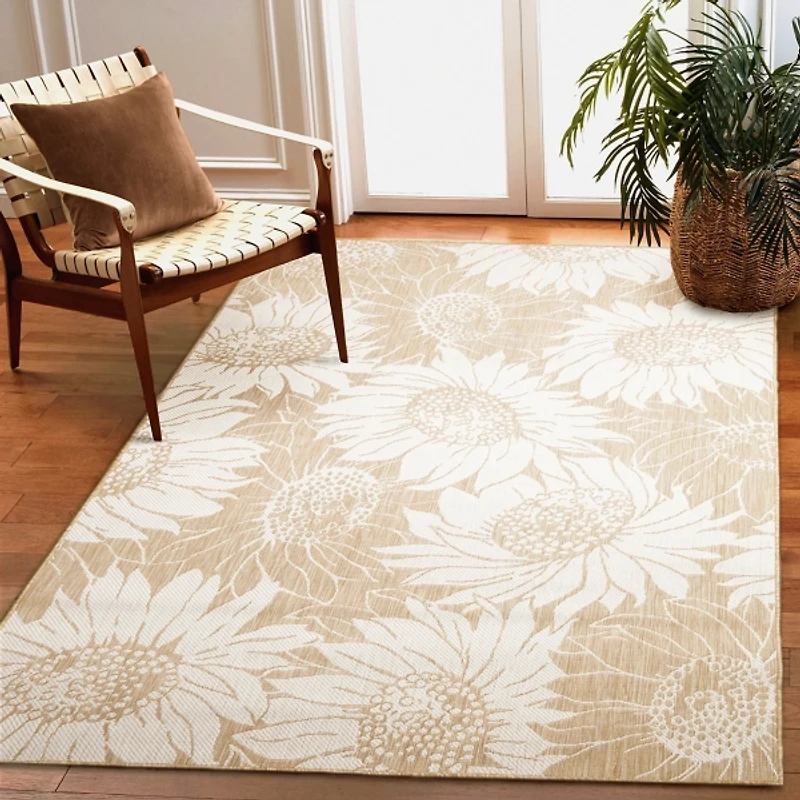 Sand Floral Blooms Outdoor Area Rug, 7x9