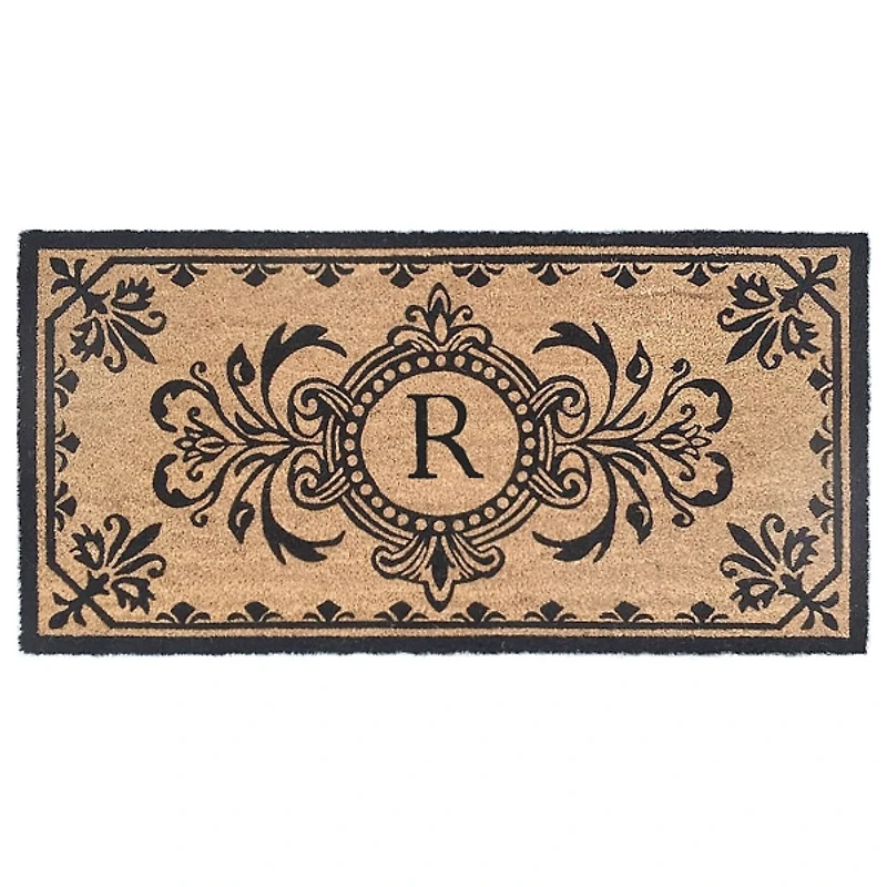 Black Fleur De Lis Monogram R Doormat