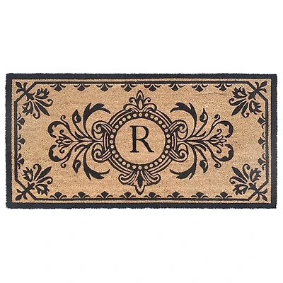 Black Fleur De Lis Monogram R Doormat