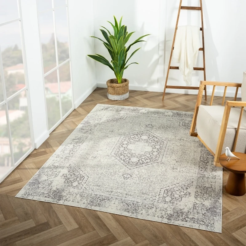 Silver Medallion Washable Area Rug, 5x7