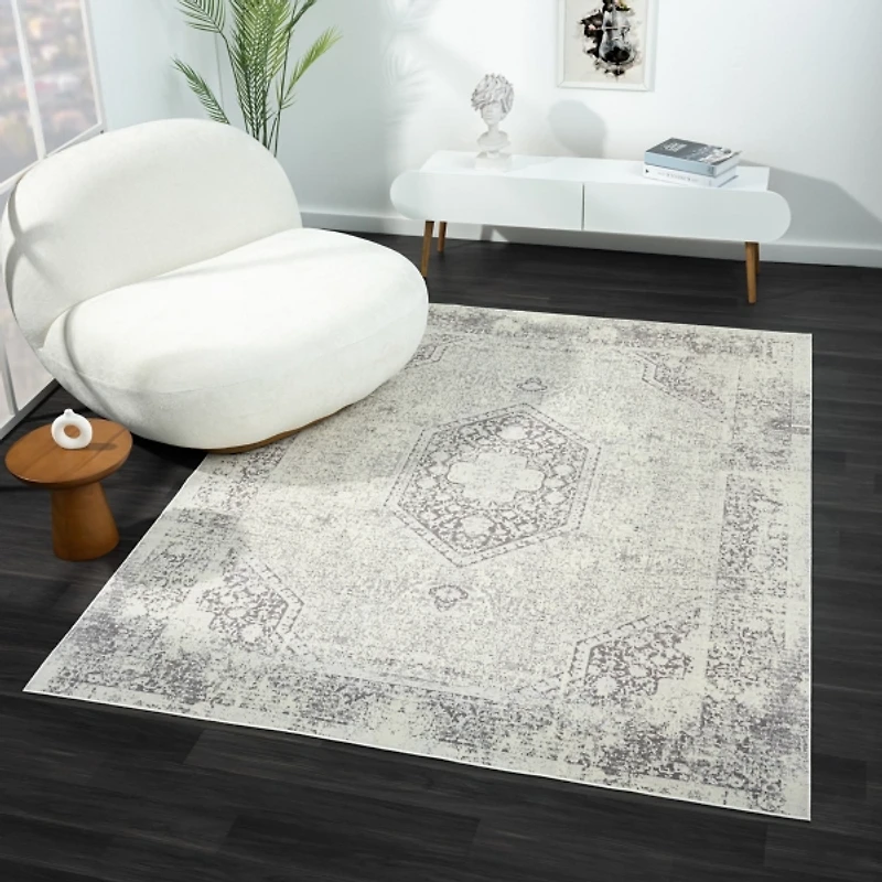 Silver Medallion Washable Area Rug, 5x7