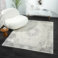 Silver Medallion Washable Area Rug, 5x7