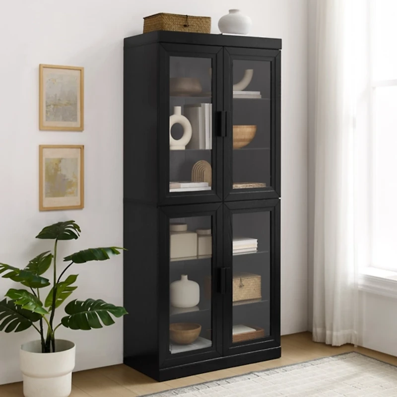 Tall Black Wood and Glass Door Storage Cabinet