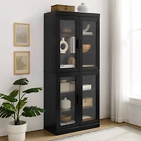 Tall Black Wood and Glass Door Storage Cabinet
