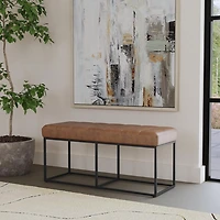 Brown Faux Leather Upholstered Metal Frame Bench