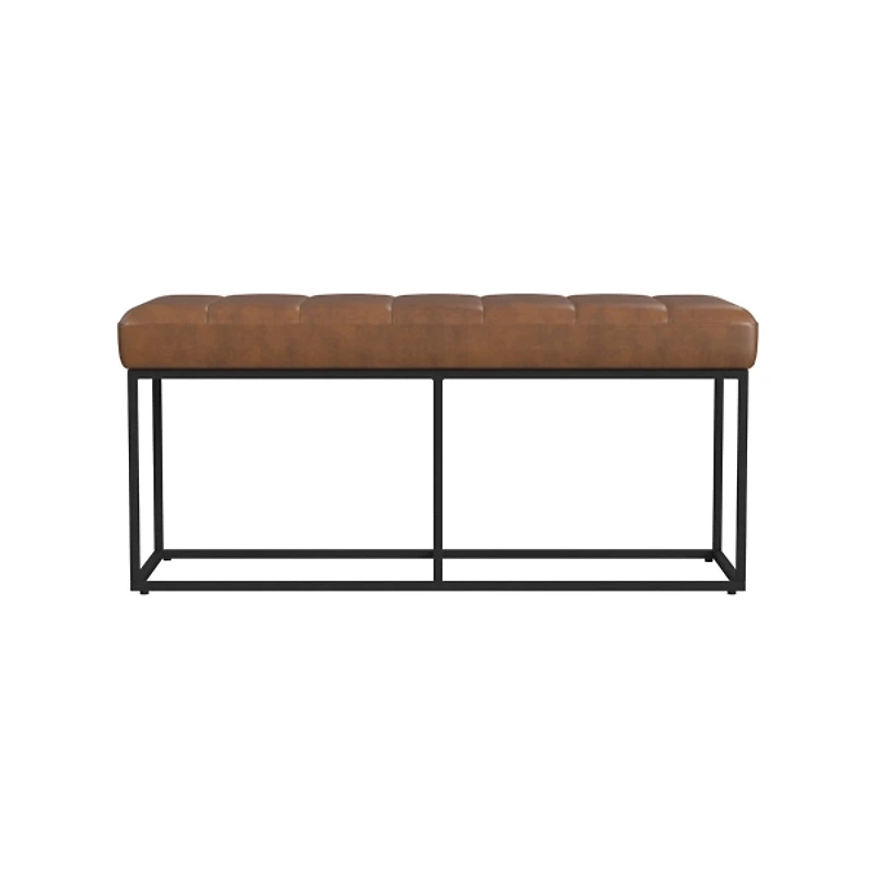 Brown Faux Leather Upholstered Metal Frame Bench