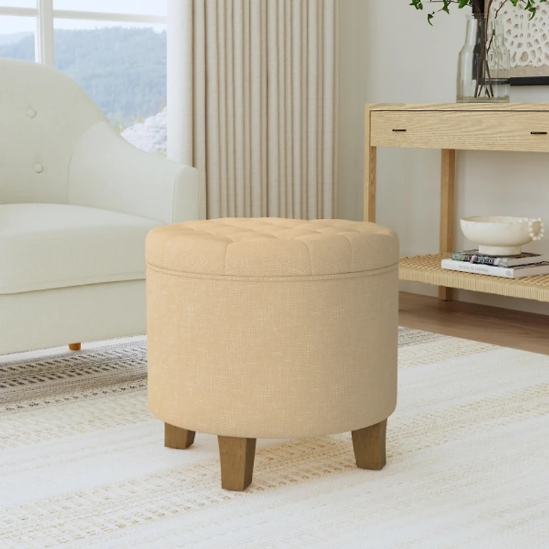 Tan Woven Upholstered Tufted Storage Ottoman