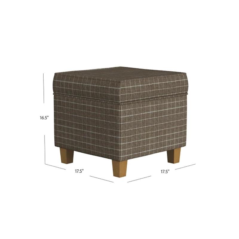 Brown Plaid Upholstered Square Storage Ottoman