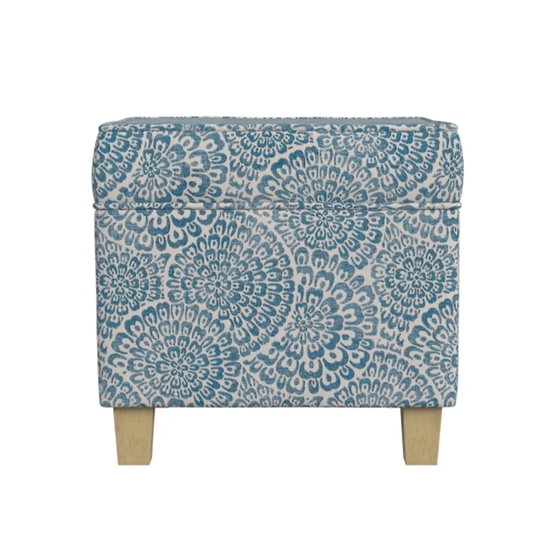 Blue Floral Upholstered Square Storage Ottoman