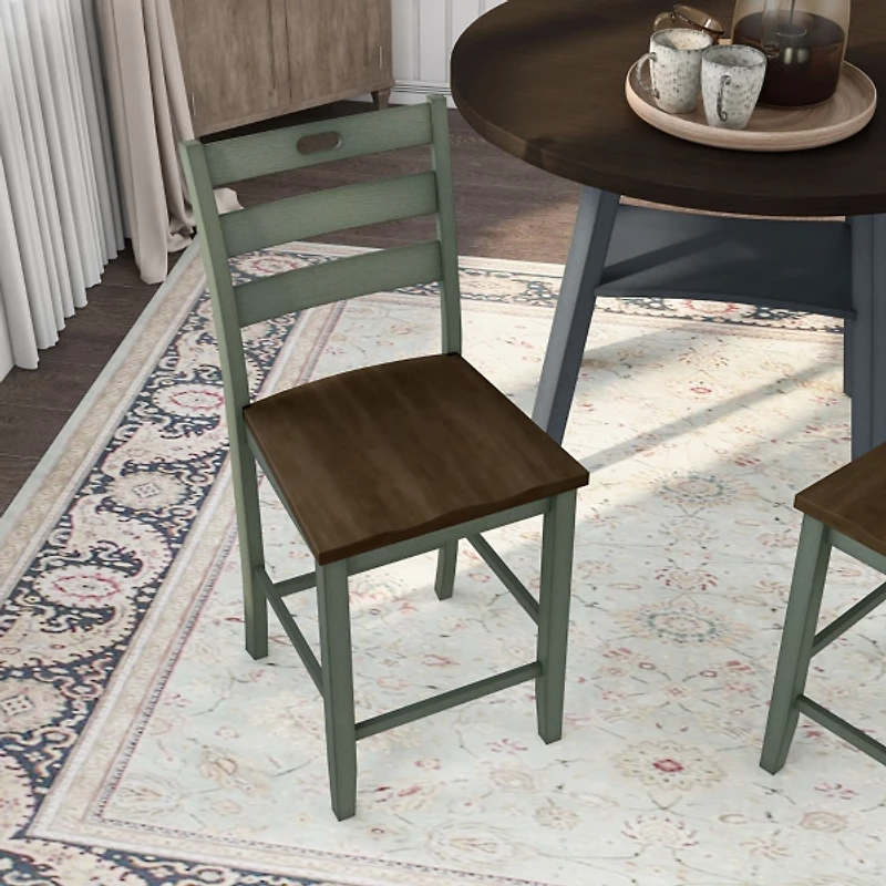 Antique Green Wood Counter Stools, Set of 2