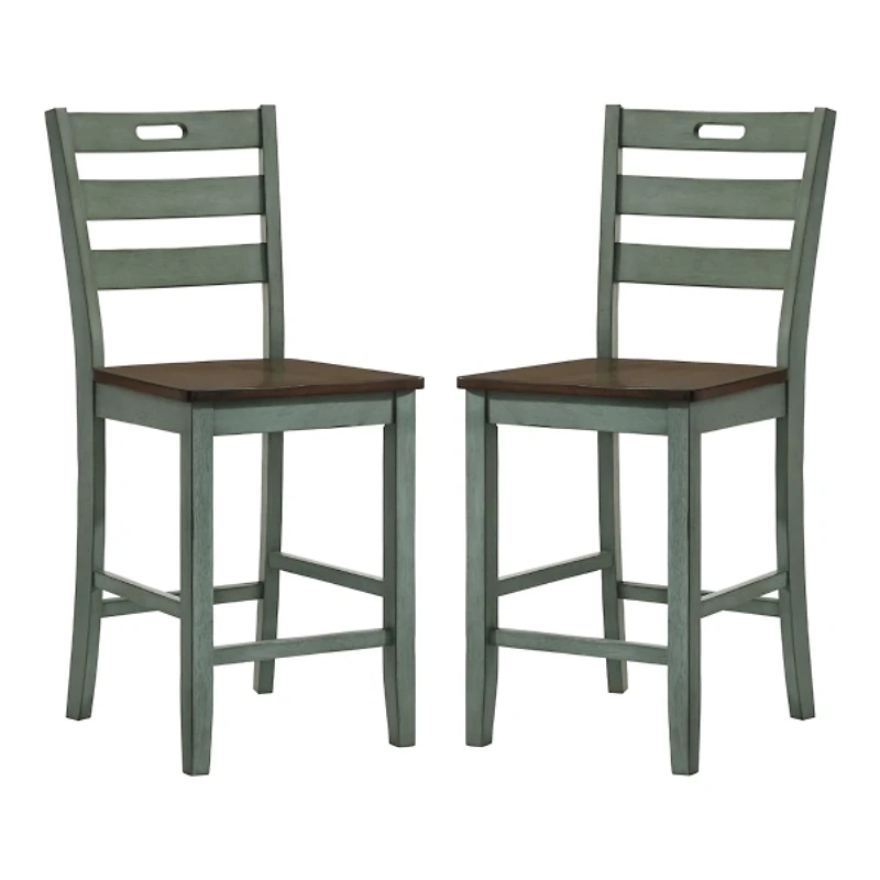 Antique Green Wood Counter Stools, Set of 2