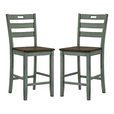 Antique Green Wood Counter Stools, Set of 2