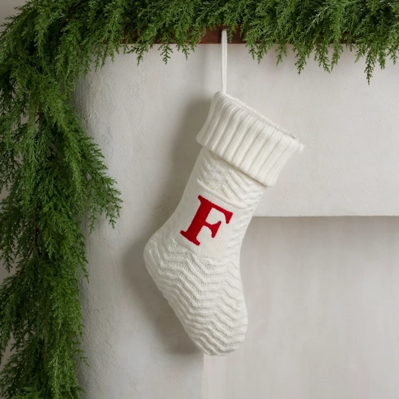 Cream Knit Monogram F Christmas Stocking