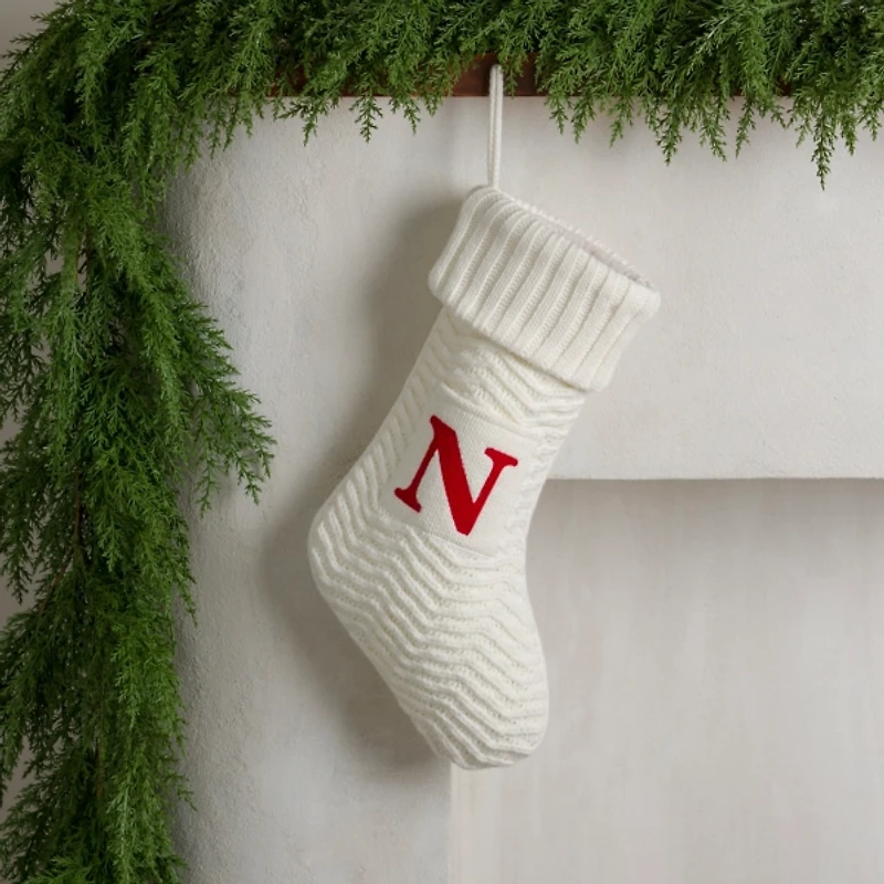 Cream Knit Monogram N Christmas Stocking