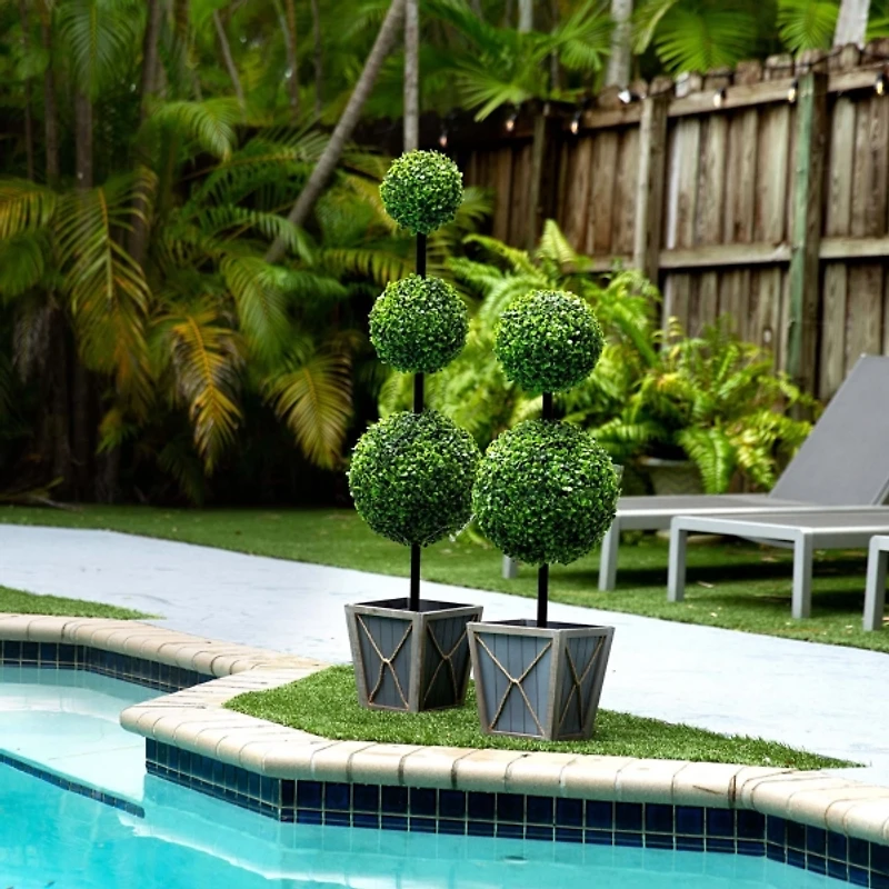 Pre-Lit Double Boxwood Topiary in Planter, 3 ft.