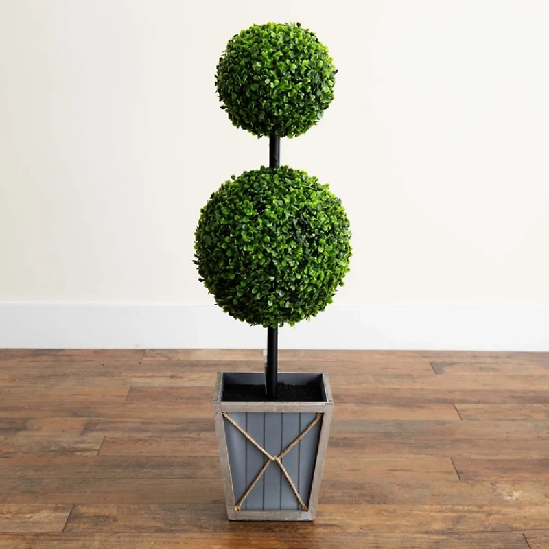 Pre-Lit Double Boxwood Topiary in Planter, 3 ft.