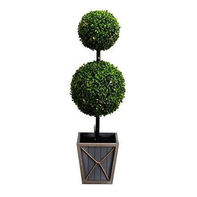 Pre-Lit Double Boxwood Topiary in Planter, 3 ft.