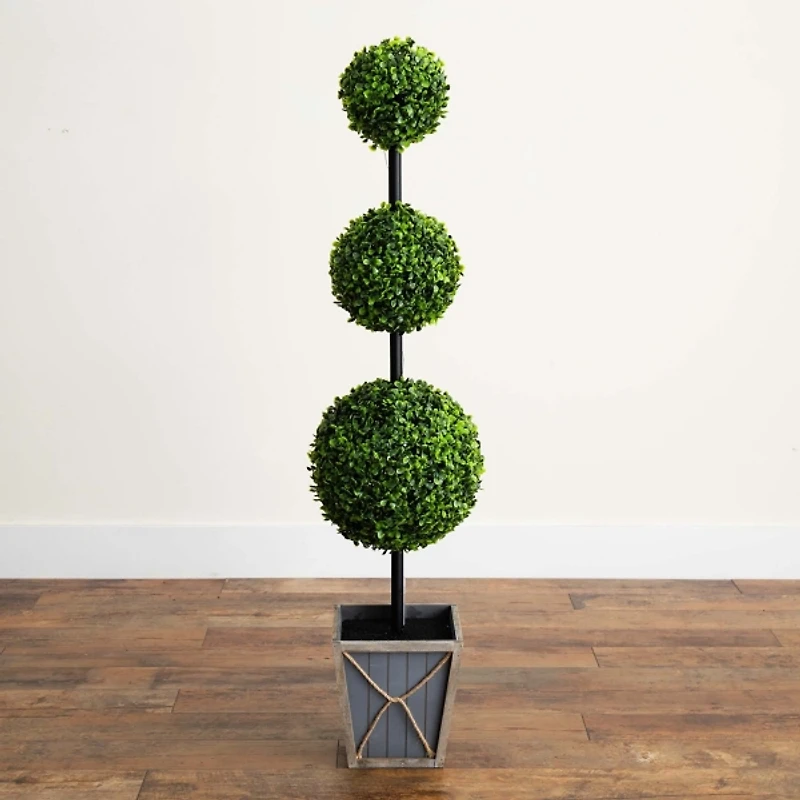 Pre-Lit Triple Boxwood Topiary in Planter, 4 ft.