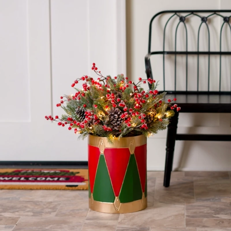 Pre-Lit Christmas Arrangement in Drum Vase, 28 in.