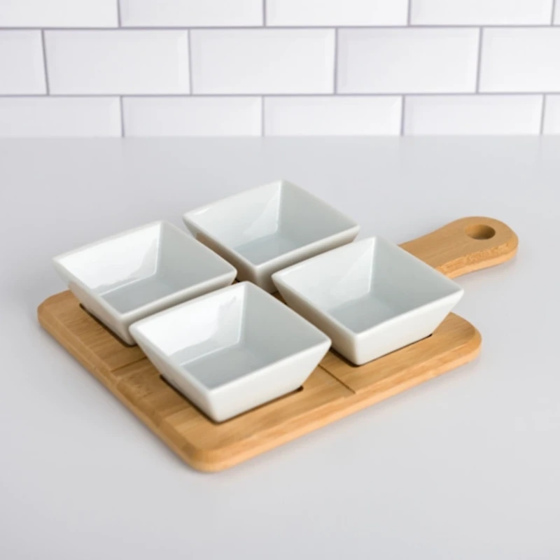 White 5-pc. Dip Bowl Set with Bamboo Tray