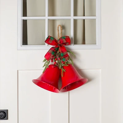 Red Metal Christmas Bells with Greenery